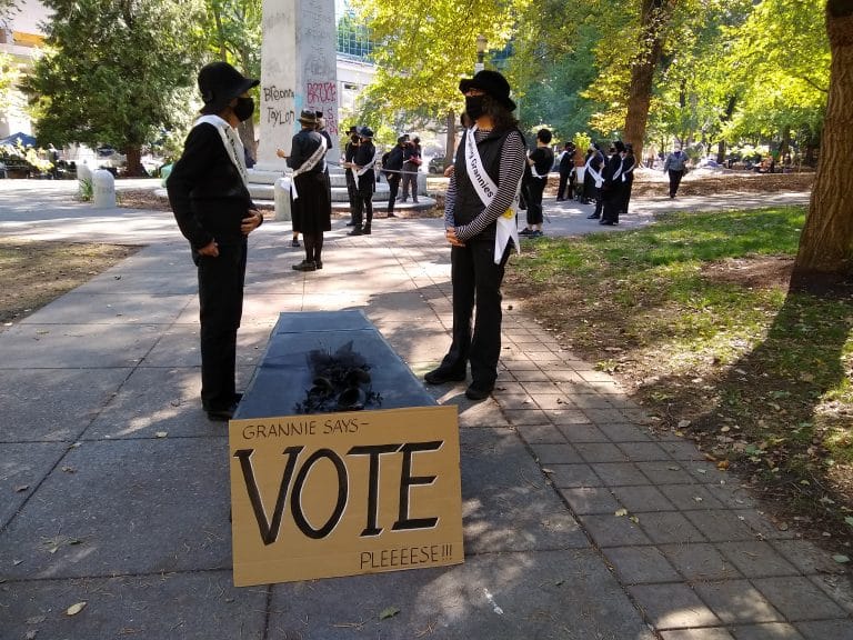 Gathering in Lownsdale Square.